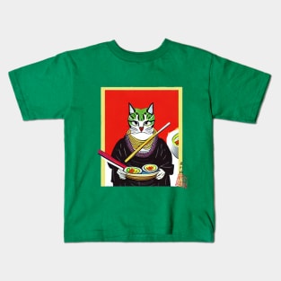 Samurai Cat Enjoying Ramen Kids T-Shirt